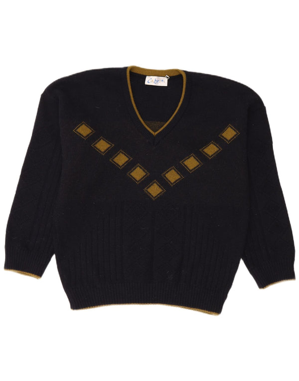 Cabrini Mens V-Neck Jumper Sweater Large Navy Blue Argyle/Diamond Wool