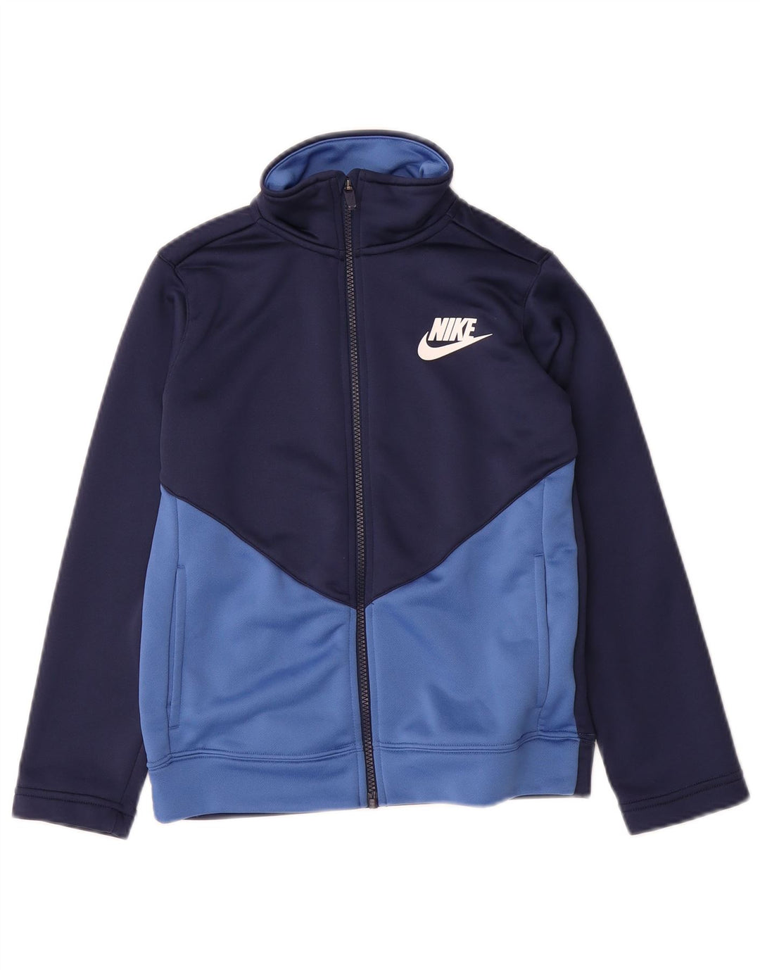 NIKE Boys Tracksuit Top Jacket 8-9 Years Small Navy Blue Colourblock