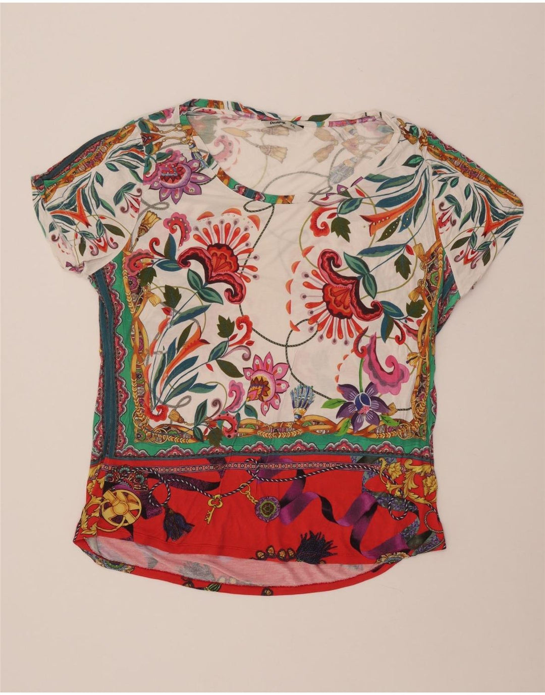 DESIGUAL Womens Graphic T-Shirt Top UK 20 2XL Multicoloured Floral Viscose