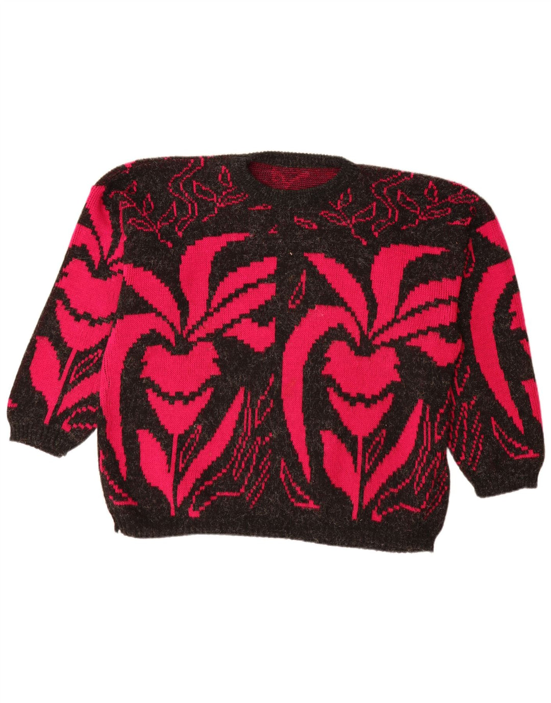 VINTAGE Womens Boat Neck Jumper Sweater UK 20 2XL Black Floral Acrylic