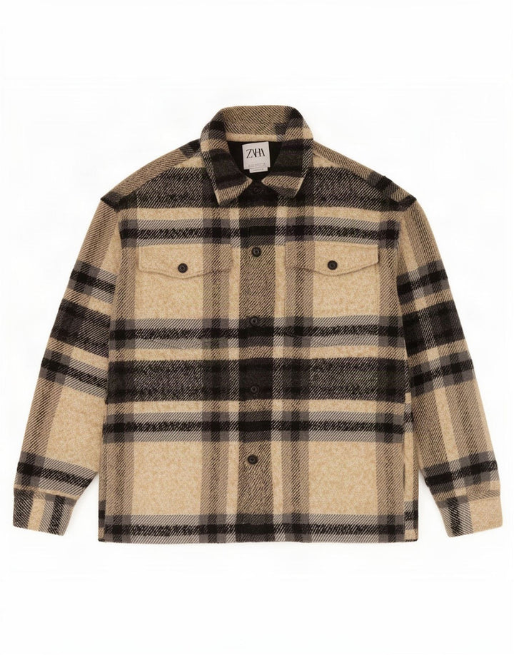 Zara Mens Utility Jacket UK 40 Large Beige Check Polyester