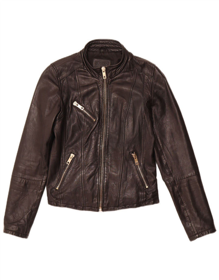 BERSHKA Womens Leather Jacket UK 12 Medium Black Leather