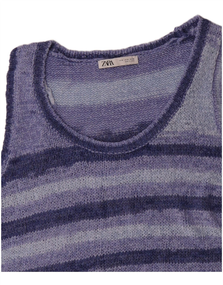 ZARA Womens Vest Tank Top UK 14 Medium Blue Striped Acrylic