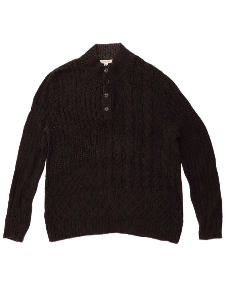 Calvin Klein Mens Button Neck Jumper Sweater XL Black Cotton