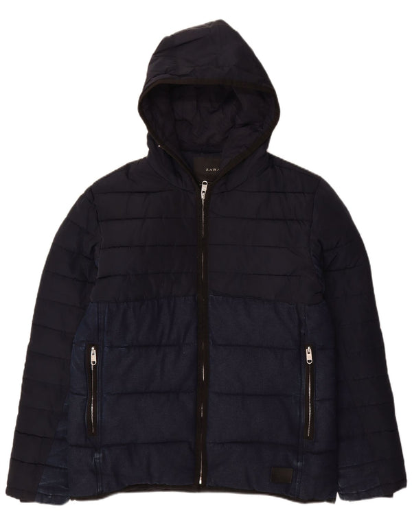 ZARA Mens Hooded Padded Jacket UK 38 Medium Navy Blue Colourblock