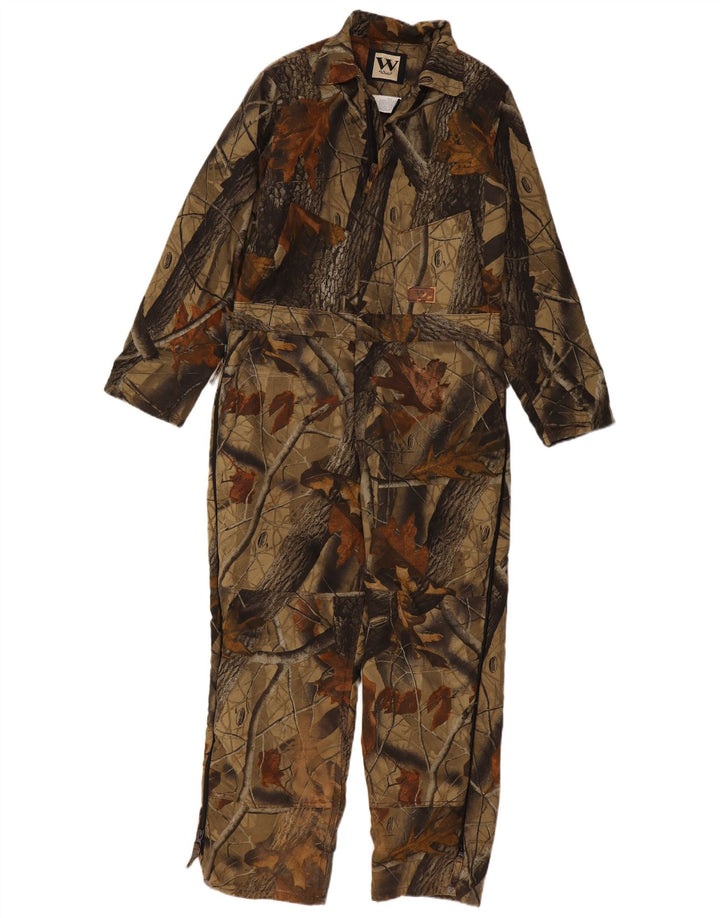 VINTAGE Boys Long Sleeve Jumpsuit 15-16 Years Khaki Floral Cotton