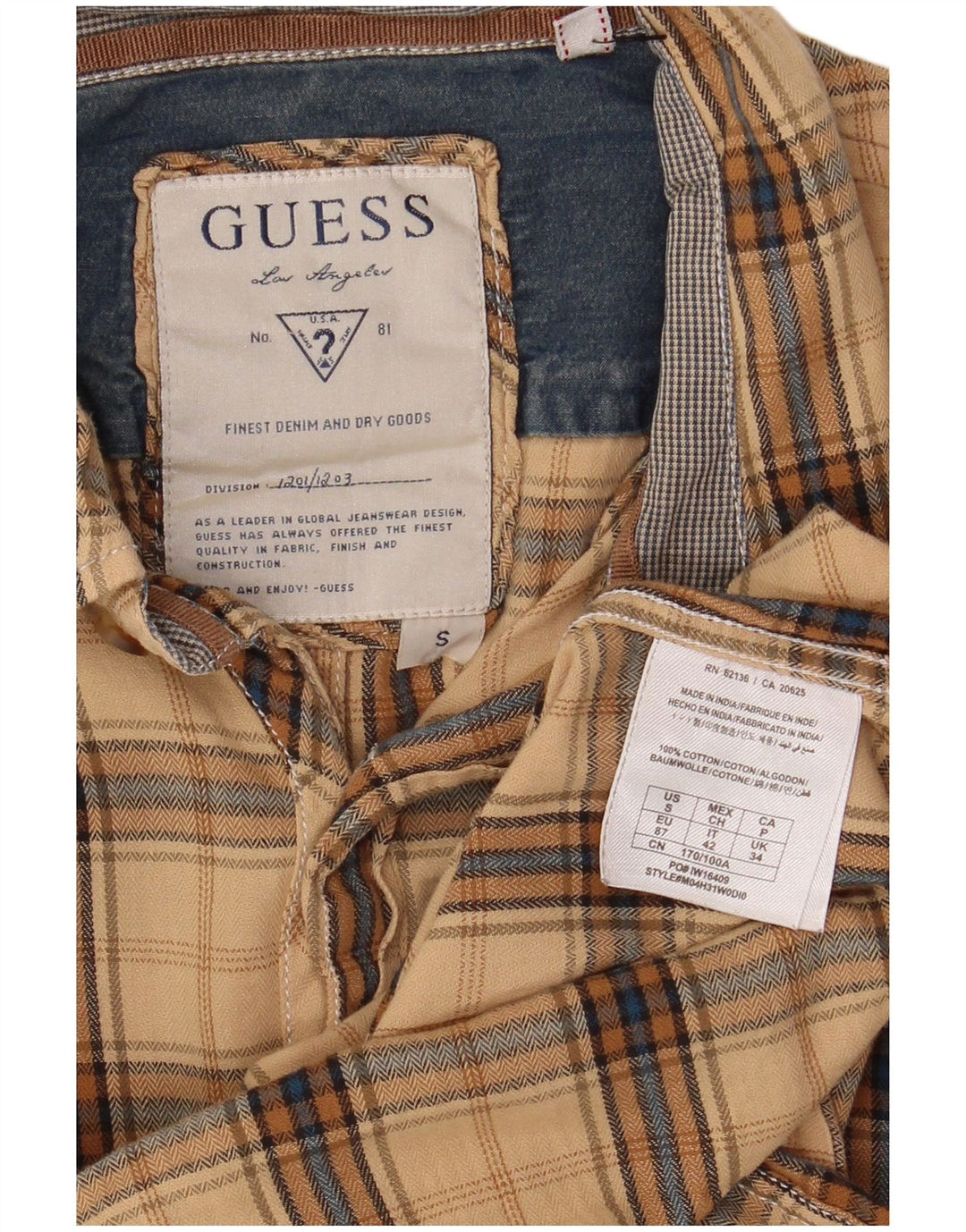 Guess Mens Flannel Shirt Small Beige Check Cotton