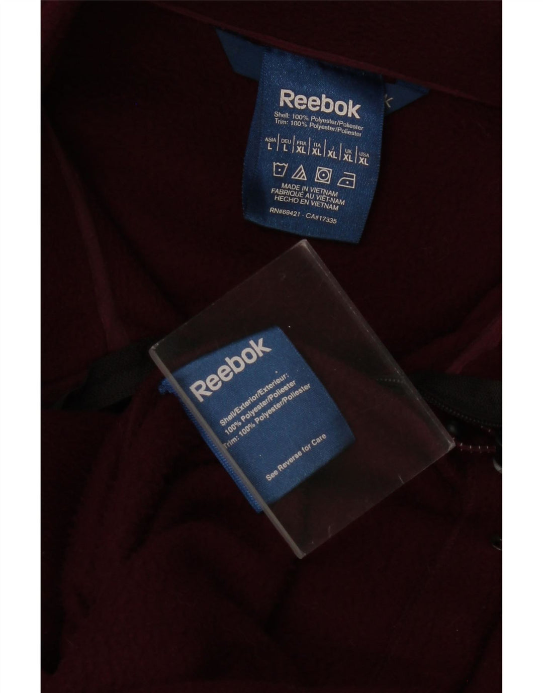 REEBOK Mens Fleece Jacket UK 42 XL Burgundy Colourblock Polyester