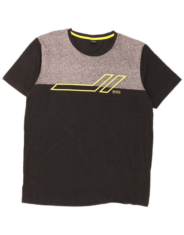 HUGO BOSS Mens Graphic T-Shirt Top Large Black Colourblock Cotton