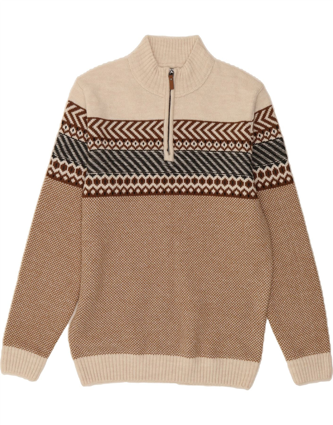 C & A Mens Zip Neck Jumper Sweater Medium Beige Fair Isle Acrylic Vintage C & A and Second-Hand C & A from Messina Hembry 