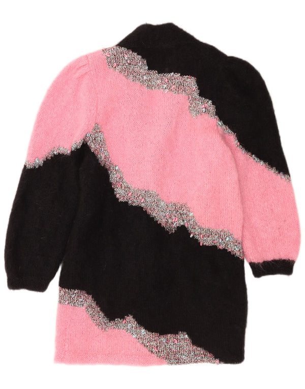 Vintage Womens Longline Cardigan Sweater UK 14 Medium Pink Colourblock