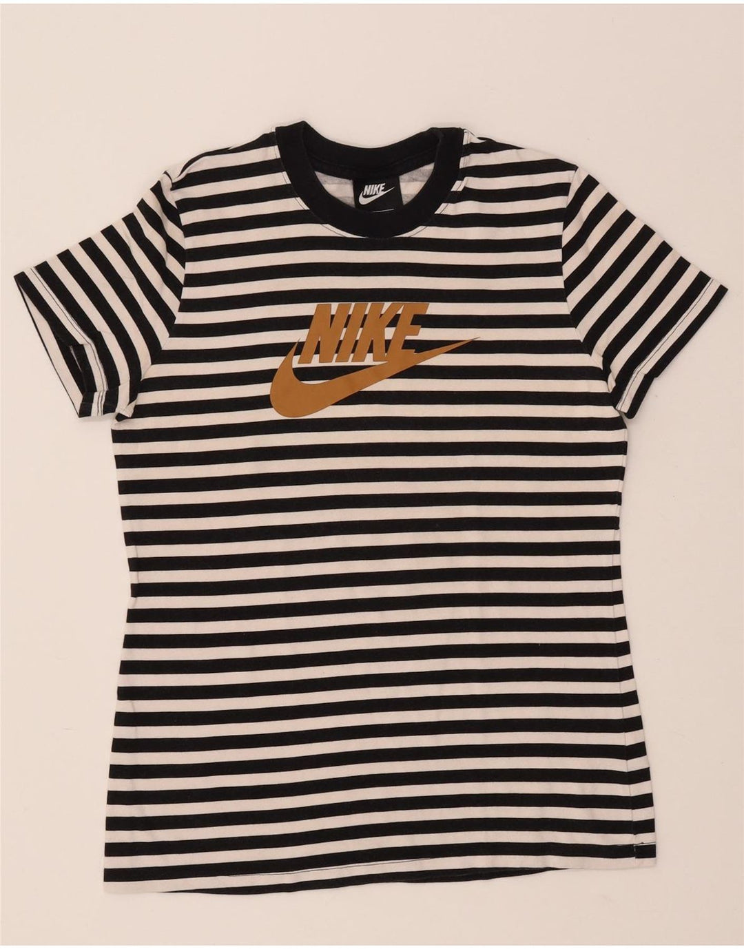 NIKE Womens Graphic T-Shirt Top UK 12 Medium Black Striped Cotton