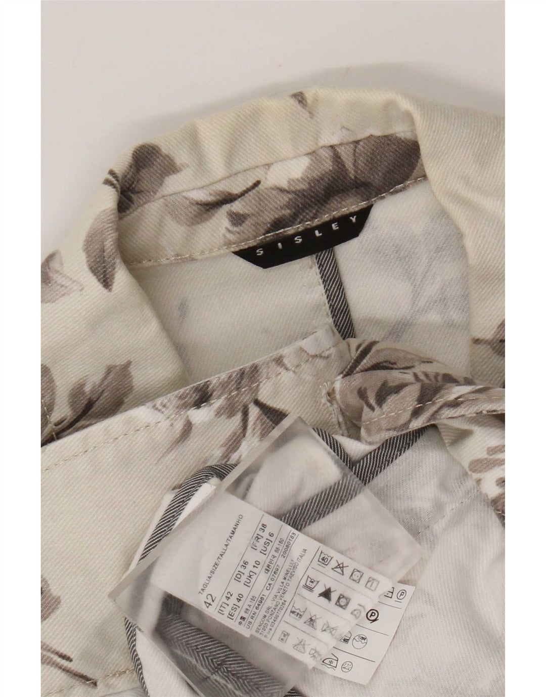 Sisley Womens 2 Button Denim Blazer Jacket UK 10 Small Off White Floral