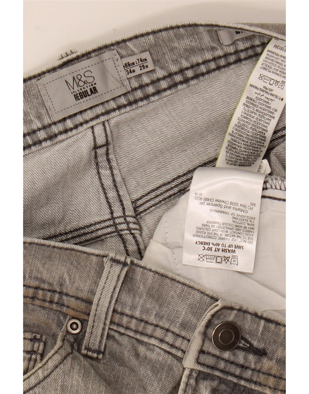 Marks & Spencer Mens Regular Straight Jeans W34 L29 Grey Cotton