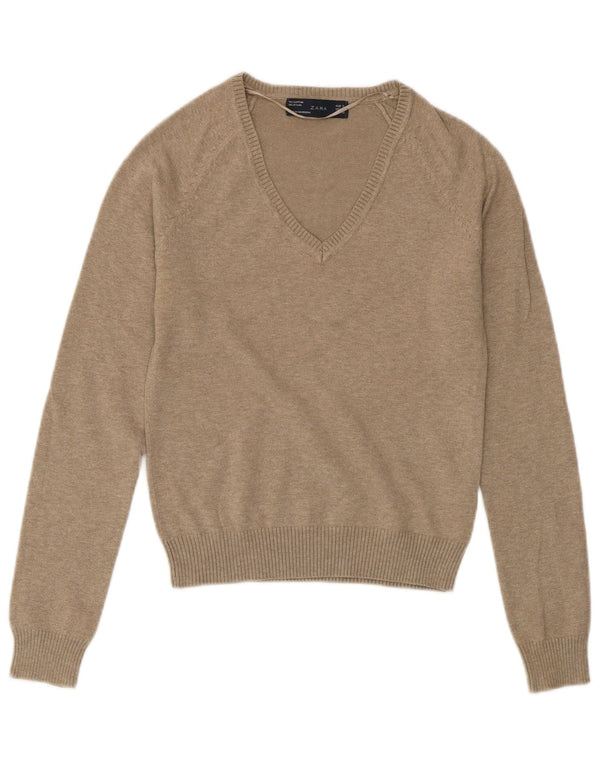 ZARA Womens V-Neck Jumper Sweater UK 8 Small Grey Cotton
