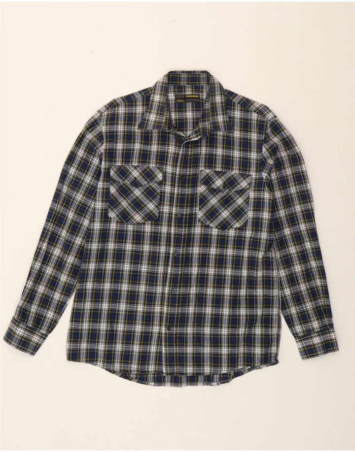 CROWN Mens Flannel Shirt Size 42 Large Navy Blue Check Cotton
