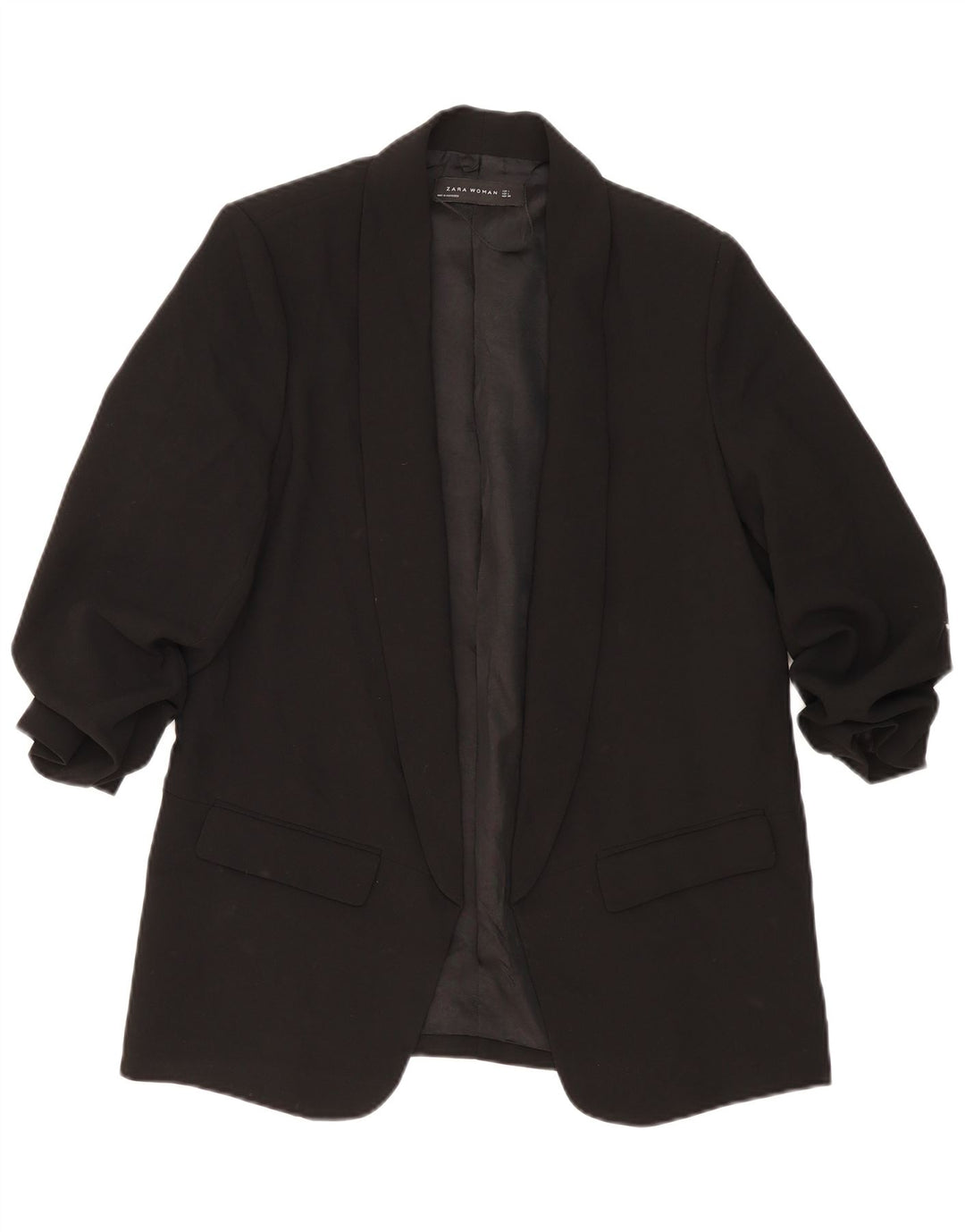 Zara Womens 3/4 Sleeve Open Blazer Jacket UK 14 Large Black Polyester