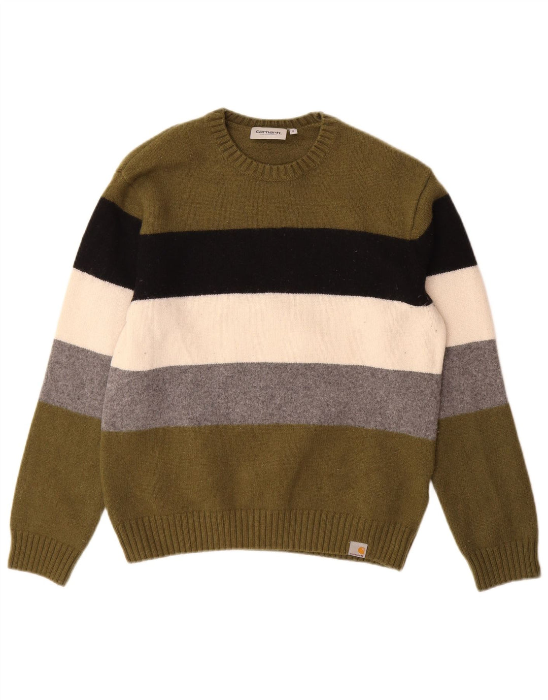 CARHARTT Mens Crew Neck Jumper Sweater Medium Khaki Striped Lambswool