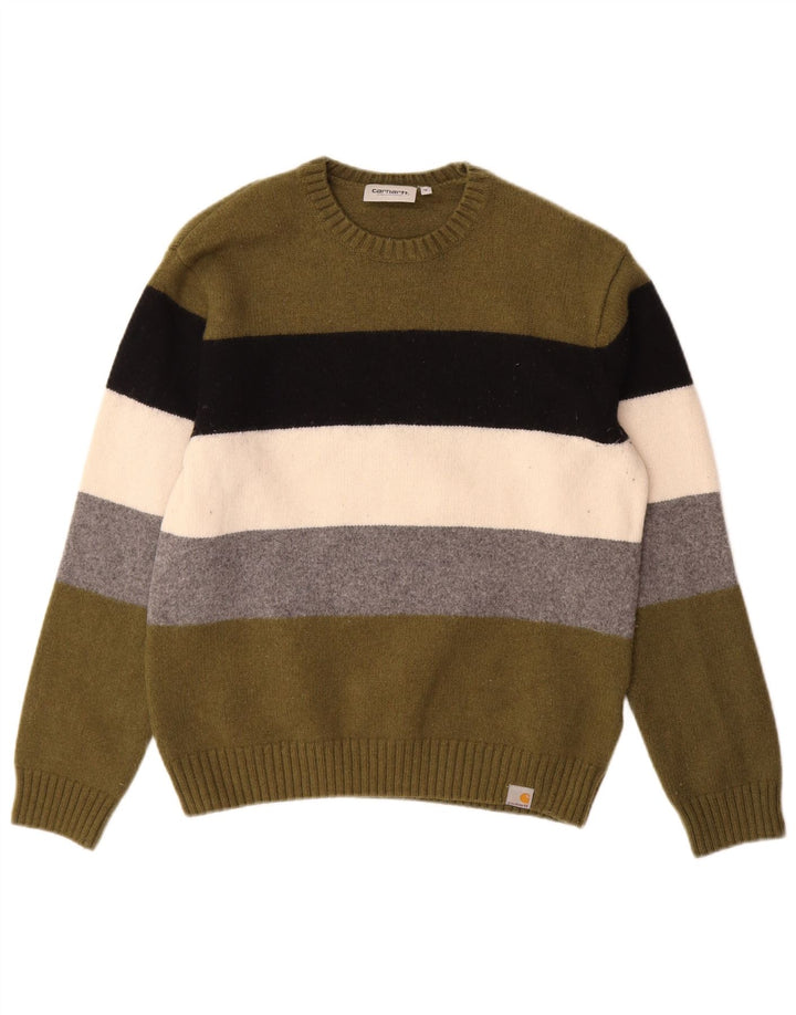 CARHARTT Mens Crew Neck Jumper Sweater Medium Khaki Striped Lambswool