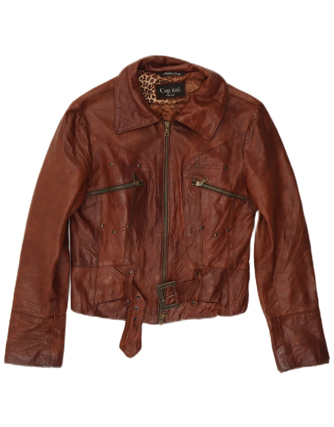 CAPITAL Womens Crop Leather Jacket UK 10 Small Brown Leather