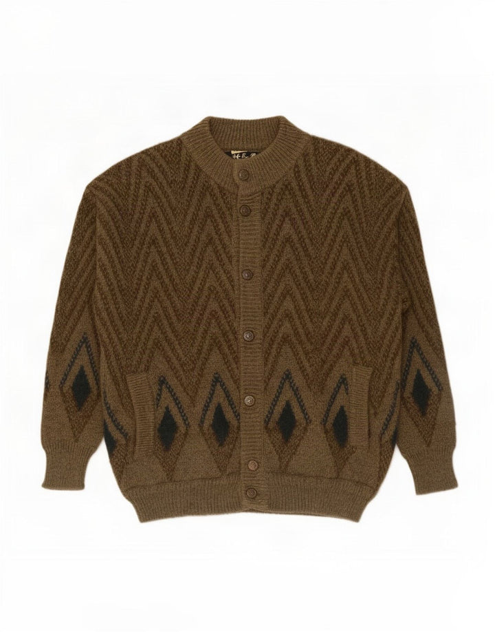 Vintage Mens Cardigan Sweater Medium Khaki Geometric Wool