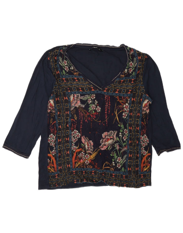 Desigual Womens Graphic Top 3/4 Sleeve UK 18 XL Navy Blue Floral