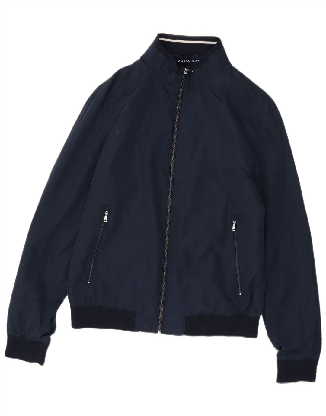 Zara Mens Bomber Jacket UK 40 Large Navy Blue Polyester