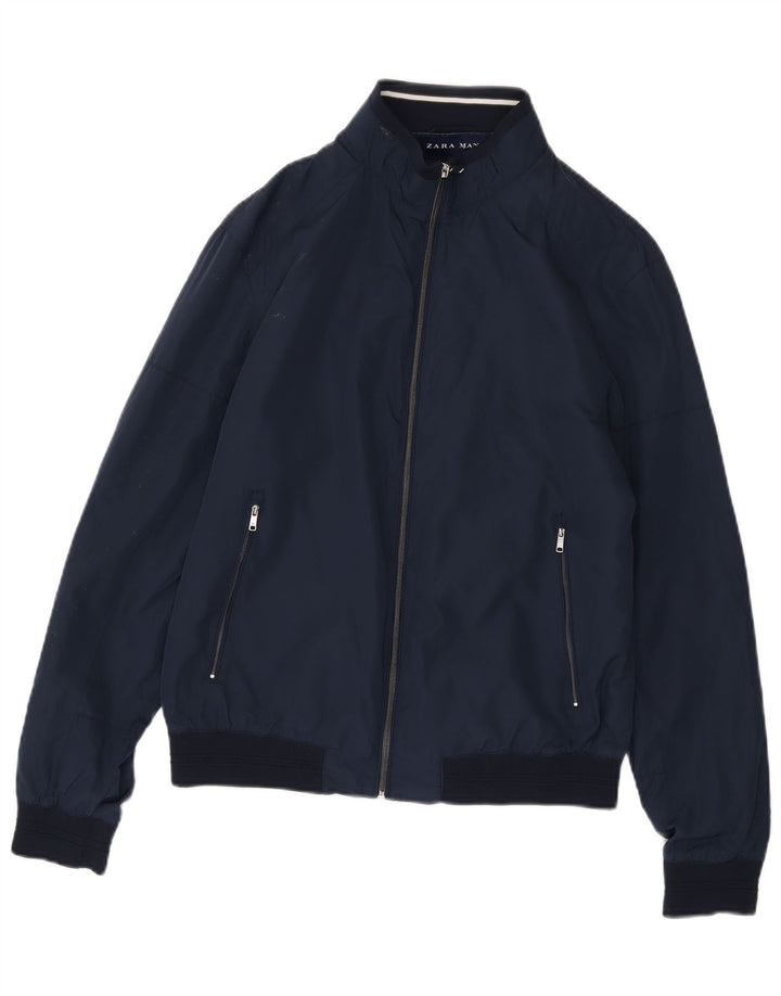Zara Mens Bomber Jacket UK 40 Large Navy Blue Polyester