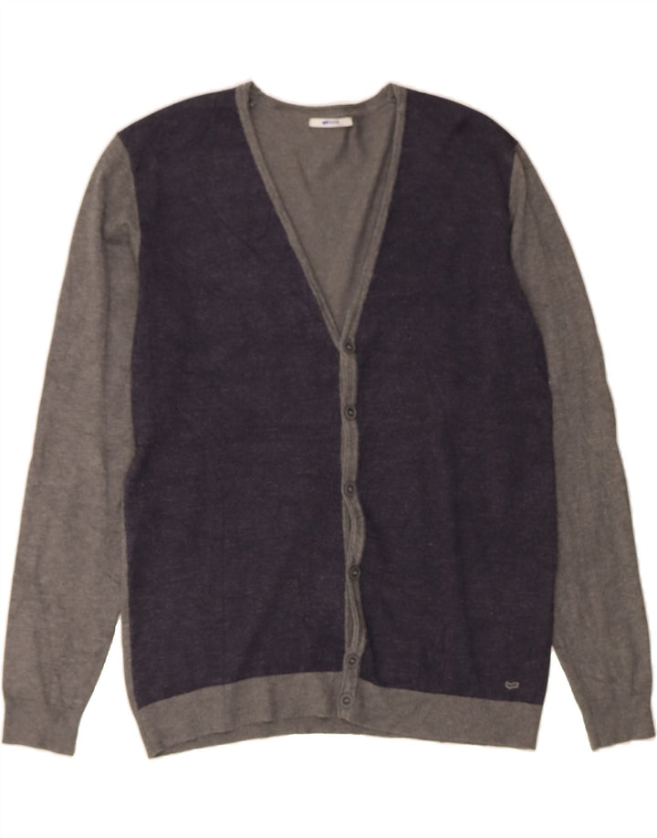 GAS Mens Cardigan Sweater 2XL Navy Blue Colourblock Polyester Vintage Gas and Second-Hand Gas from Messina Hembry 