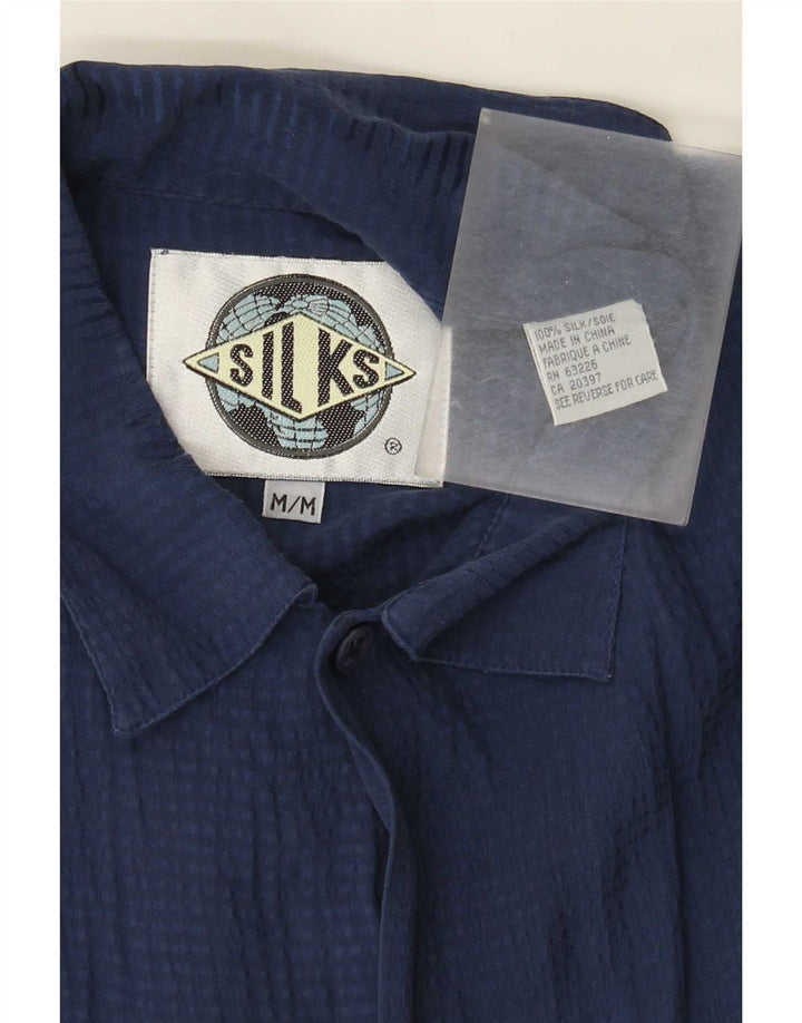 Vintage Mens Short Sleeve Shirt Medium Navy Blue Silk