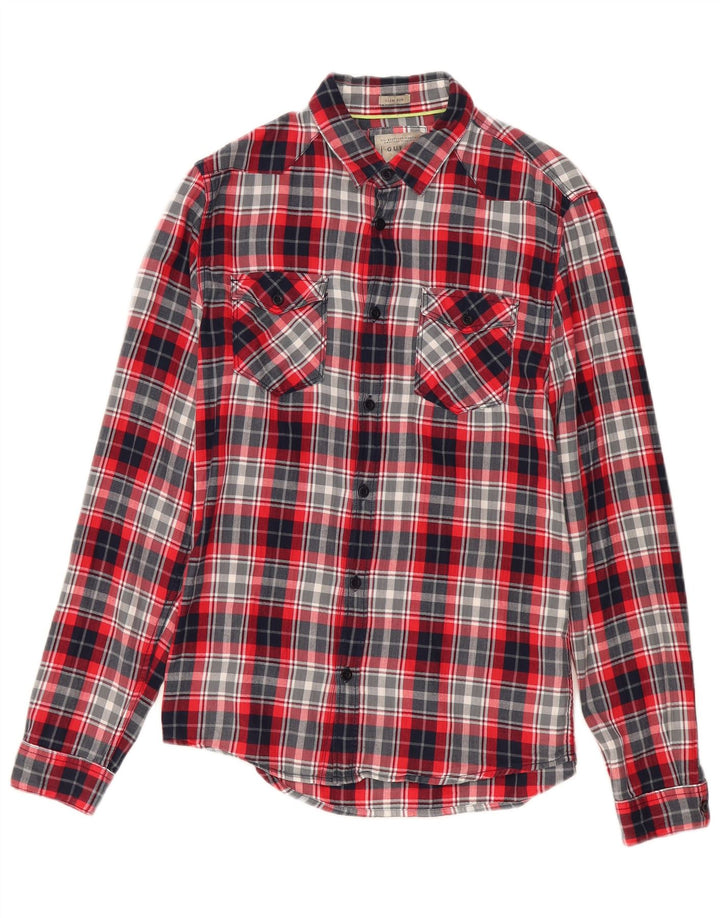 Guess Mens Slim Fit Flannel Shirt Small Red Plaid Cotton