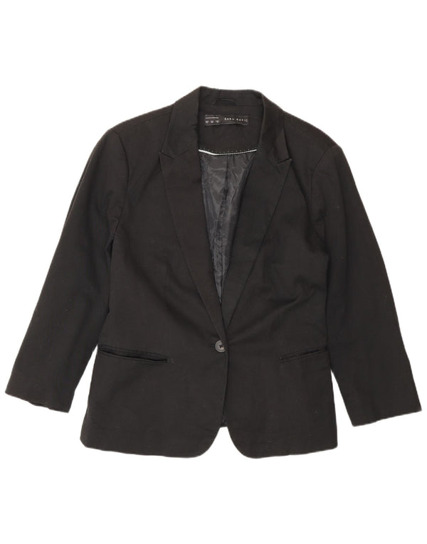 Zara Womens 3/4 Sleeve 1 Button Blazer Jacket UK 20 2XL Black Cotton