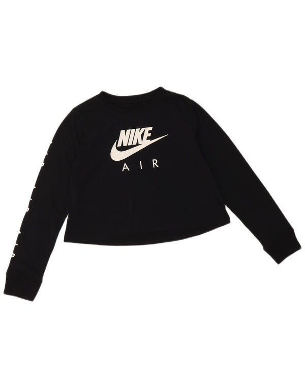 NIKE Girls Crop Graphic Top Long Sleeve 10-11 Years Medium Black Cotton