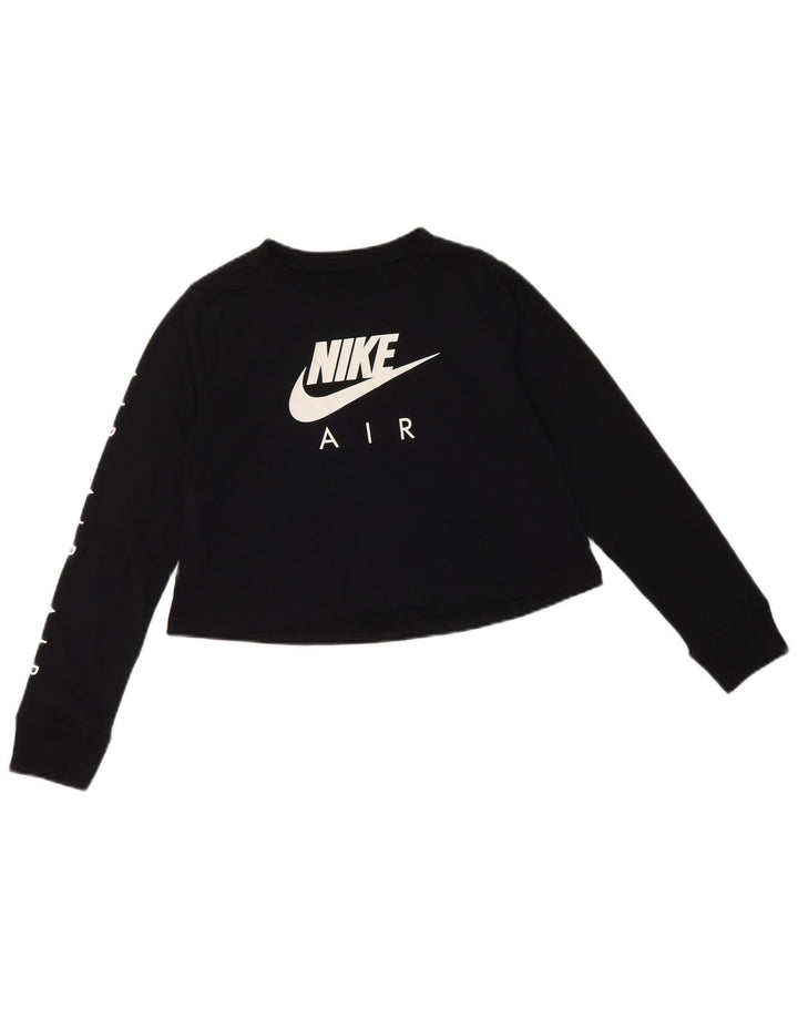 NIKE Girls Crop Graphic Top Long Sleeve 10-11 Years Medium Black Cotton