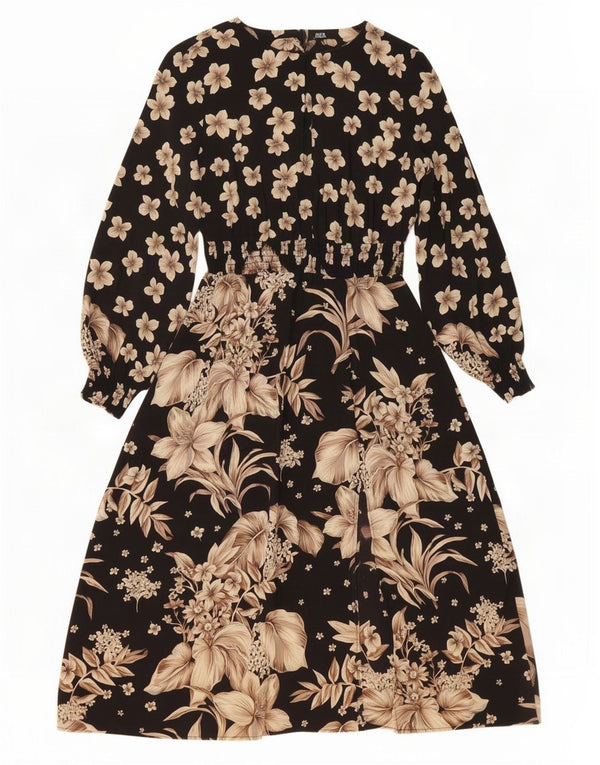 Zara Womens Long Sleeve Maxi Dress UK 10 Small Black Floral Polyester