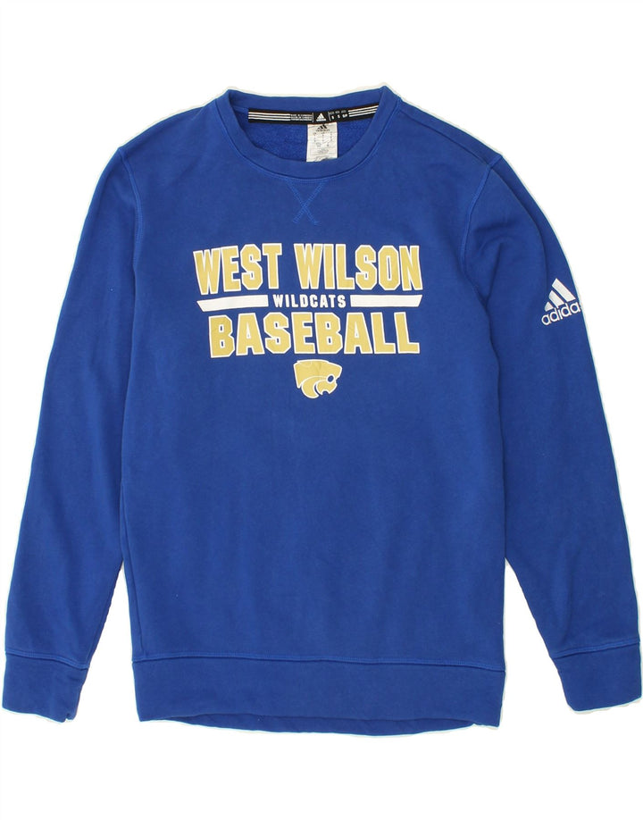 ADIDAS Mens Graphic Sweatshirt Jumper Small Blue Cotton Vintage Adidas and Second-Hand Adidas from Messina Hembry 