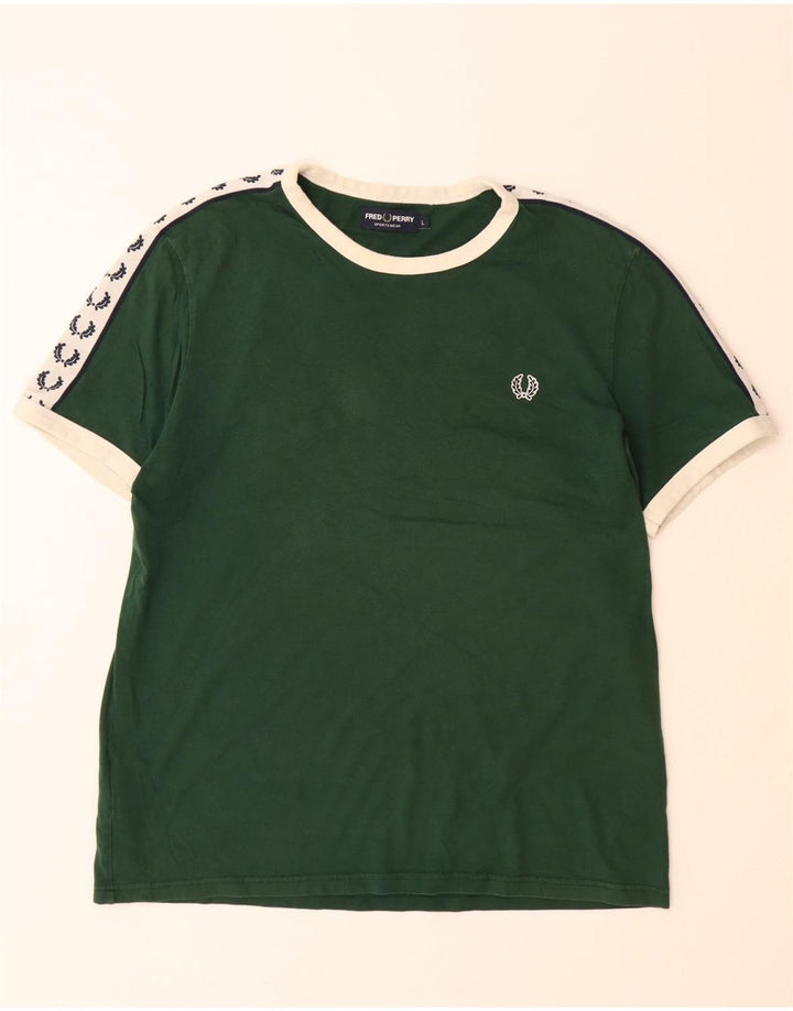 FRED PERRY Mens Graphic T-Shirt Top Large Green Colourblock Cotton
