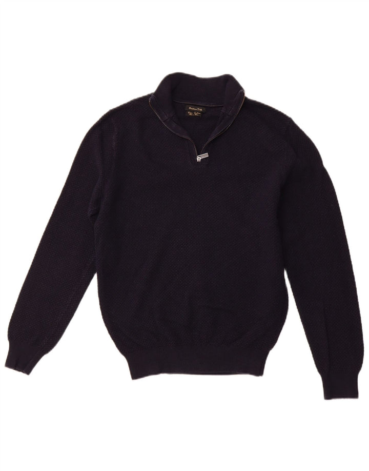 MASSIMO DUTTI Womens Zip Neck Jumper Sweater UK 12 Medium Navy Blue Cotton