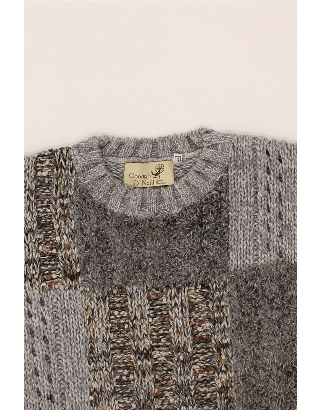 O'NEILL Womens Crew Neck Jumper Sweater UK 3 Small Grey Patchwork Vintage O'Neill and Second-Hand O'Neill from Messina Hembry 