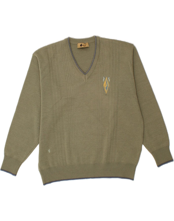 GABICCI Mens V-Neck Jumper Sweater Large Khaki Wool