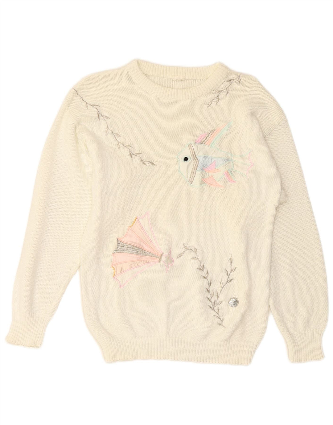 VINTAGE Womens Crew Neck Jumper Sweater UK 14 Medium Off White