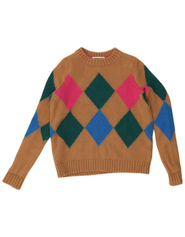 Boden Womens Crop Crew Neck Jumper Sweater UK 10 Small Brown Argyle/Diamond