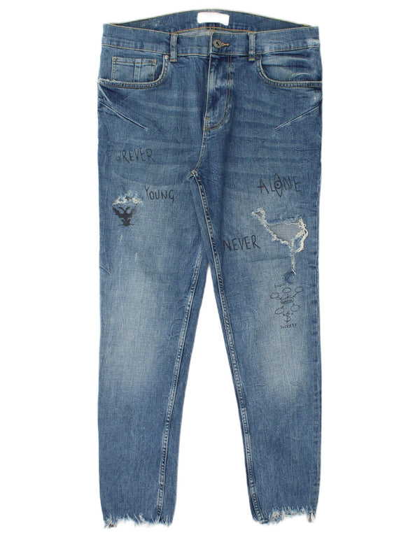 Zara Mens Graphic Distressed Skinny Jeans EU 42 Large W32 L27 Blue Cotton