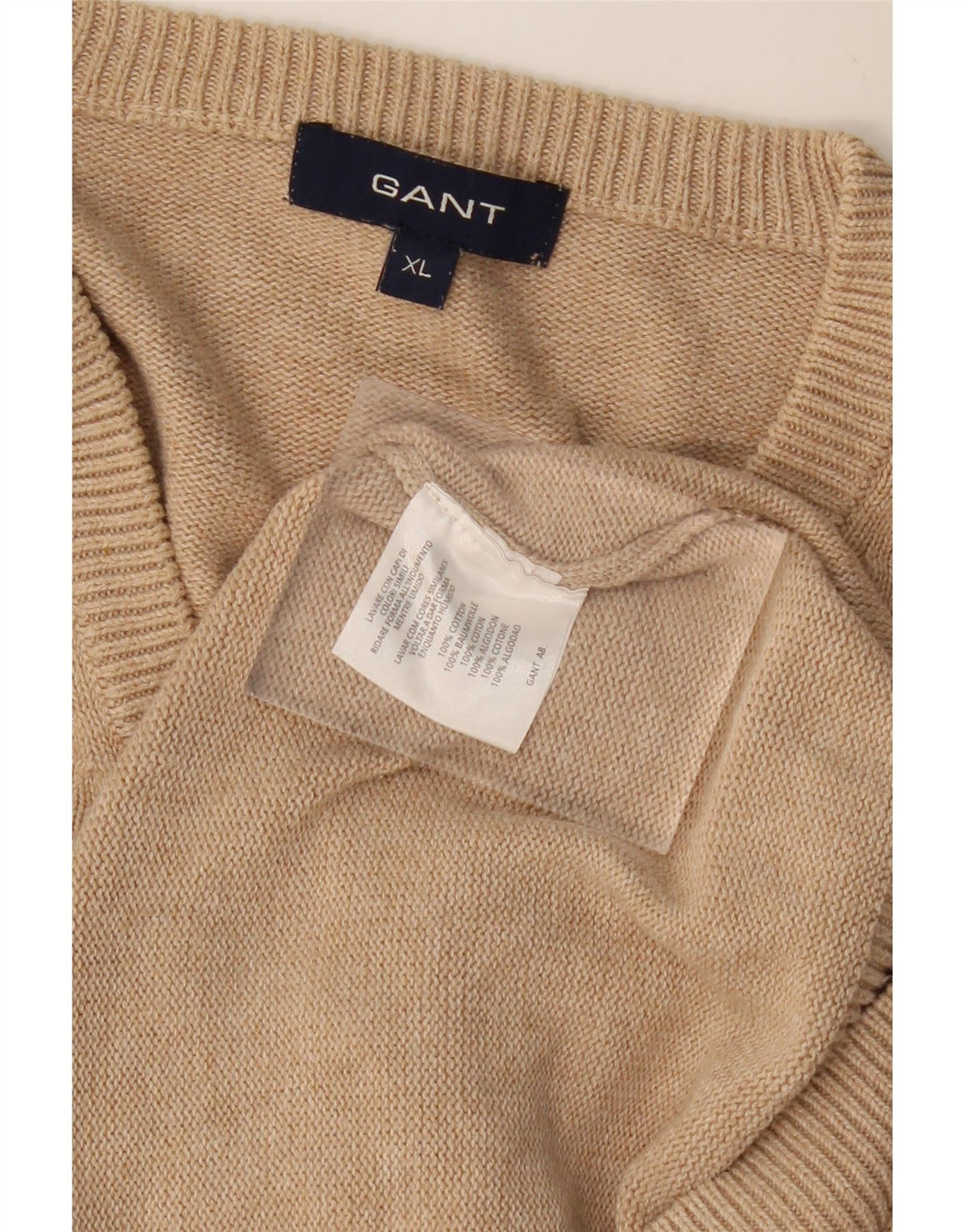 GANT Mens V-Neck Jumper Sweater XL Beige Cotton