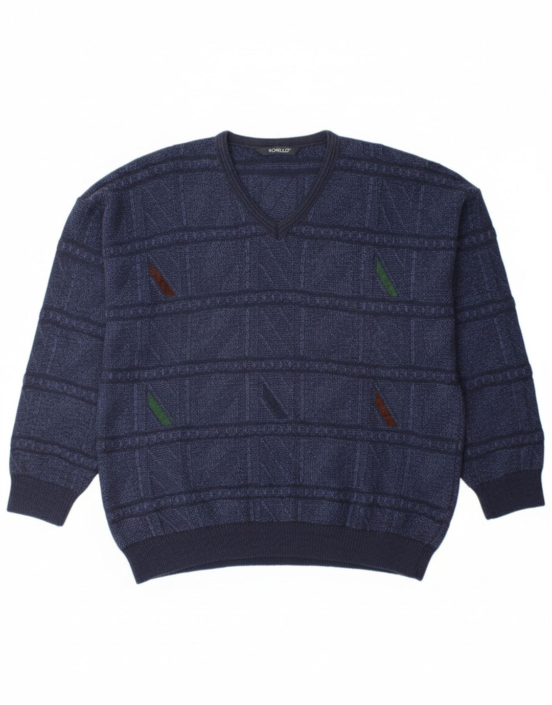 MONELLO Mens V-Neck Jumper Sweater IT 50 Medium Navy Blue Geometric Wool