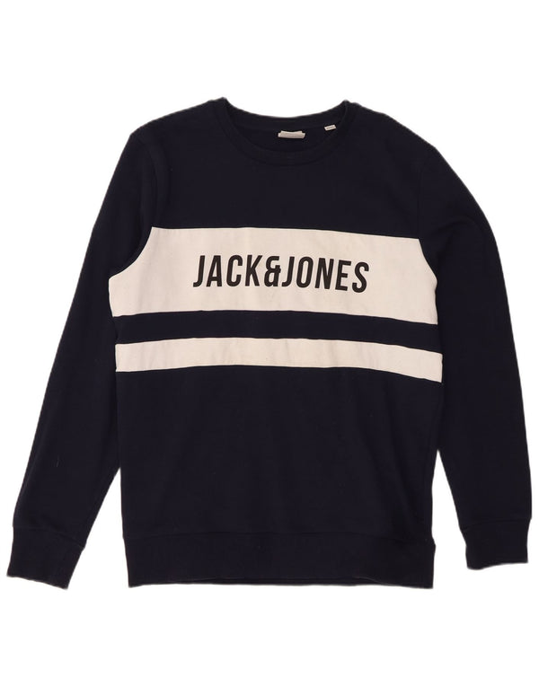 Jack & Jones Mens Graphic Sweatshirt Jumper Large Navy Blue Colourblock