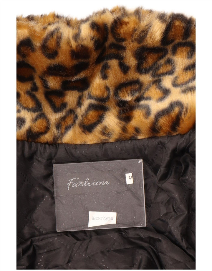 VINTAGE Womens Faux Fur Jacket UK 10 Small Brown Animal Print Polyester