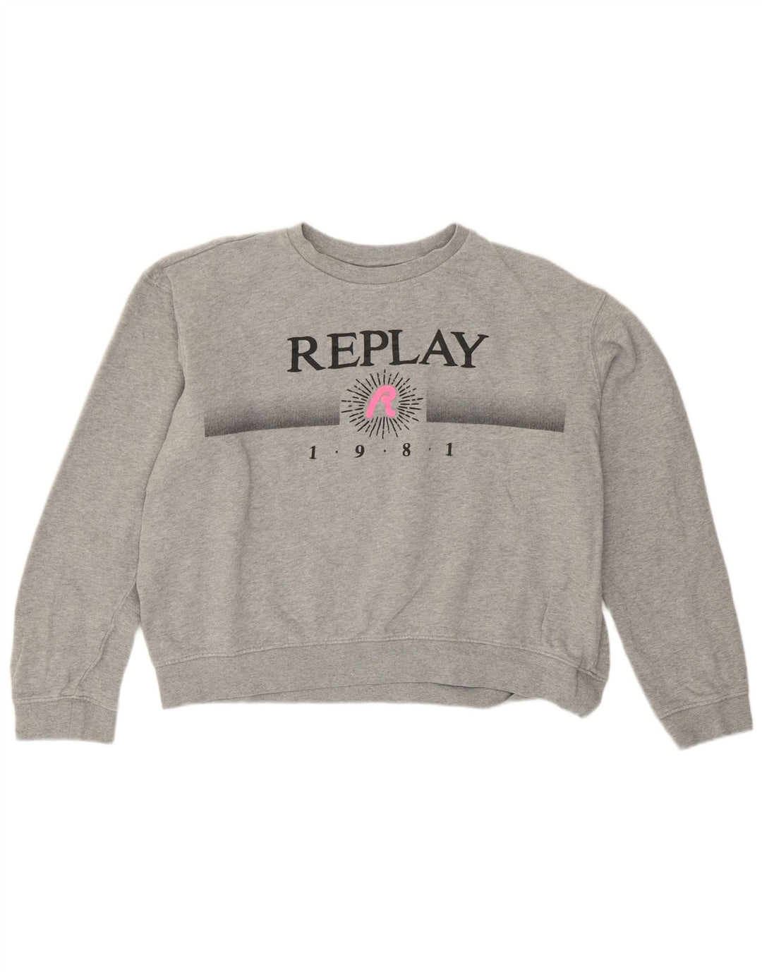 Replay Womens Crop Graphic Oversized Sweatshirt Jumper UK 14 Large Grey