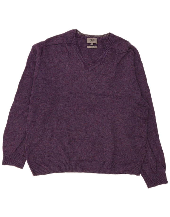 Marks & Spencer Mens V-Neck Jumper Sweater XL Purple Wool