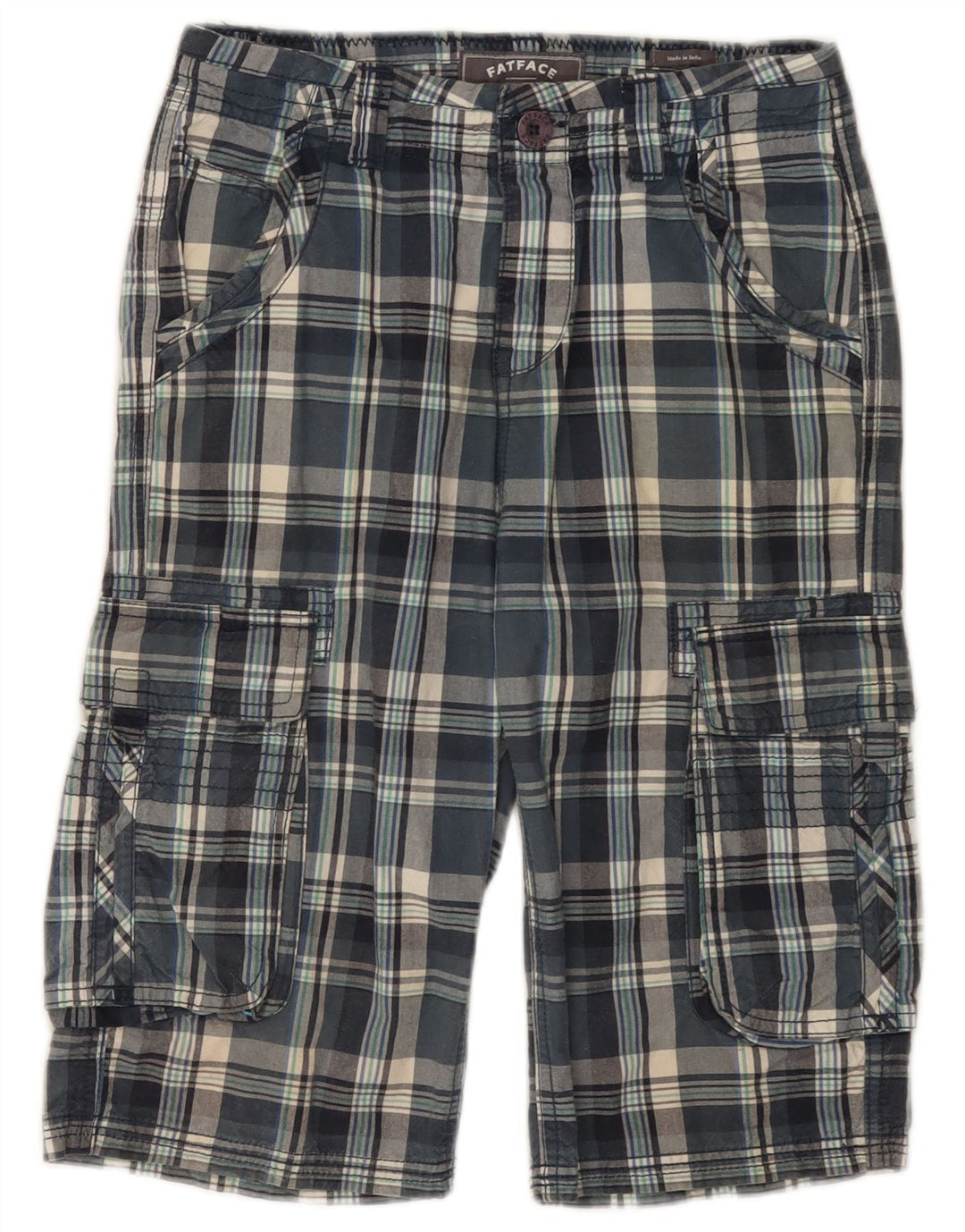 FAT FACE Boys Cargo Bermuda Shorts 12-13 Years W26 Blue Check Cotton